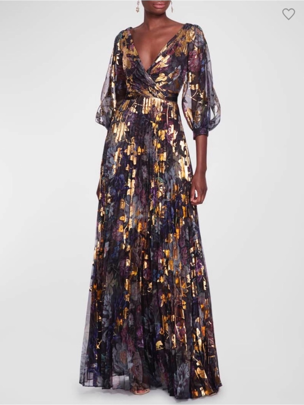 Gold Floral Matte Sheer Sleeve V-Neck Gown - Women's Navy & Gold Evening Dress